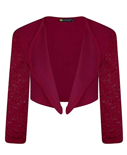 LOTMART Mädchen Lang Spitze Ärmel Offene Vorderseite Bolero Schulterjacke Kinder Jacke Strickjacke Top - Weinrot, 134-140 von LOTMART