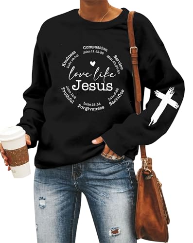 LOTUCY Christian Sweatshirts Frauen Love Like Jesus T-Shirt Faith Religiöser Spruch Inspirierender Langarm Pullover, Schwarz, XXL von LOTUCY