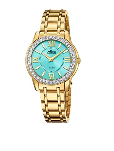 LOTUS Damen Armbanduhr aus Edelstahl in der Farbe Gold-Türkis mit Glassteinen 33mm, Wasserdichtigkeit: 5Bar, 18888/3 von LOTUS
