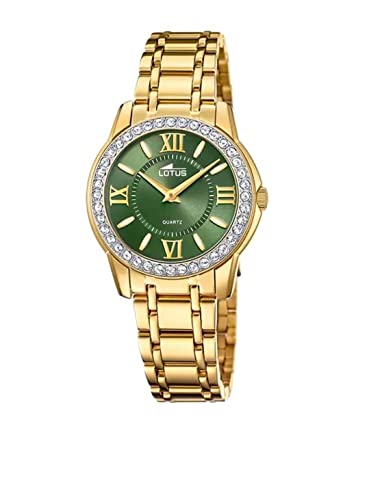 Lotus Damen Armbanduhr aus Edelstahl in der Farbe Gold-Grün mit Glassteinen 33mm, Wasserdichtigkeit: 5Bar, 18888/4 von LOTUS