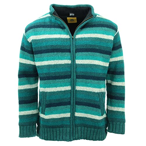 LOUDelephant Handgestrickte Wolljacke Cardigan Unisex Handgemachte Warme S-XXL Gefüttert, Blaugrün gestreift, S von LOUDelephant