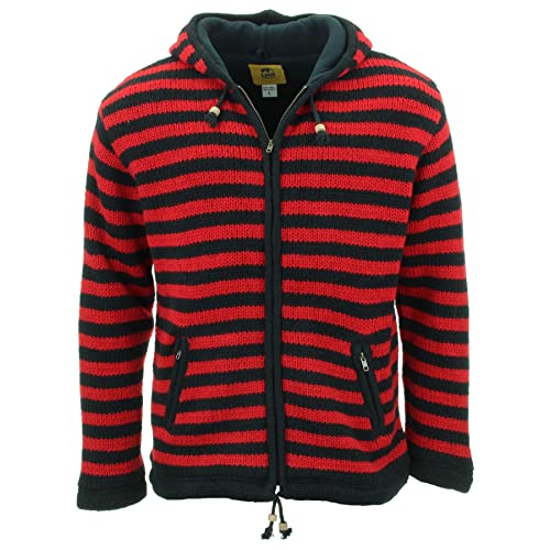 LOUDelephant Handgestrickte Wolljacke mit Kapuze, Stripe Red Black, L von LOUDelephant
