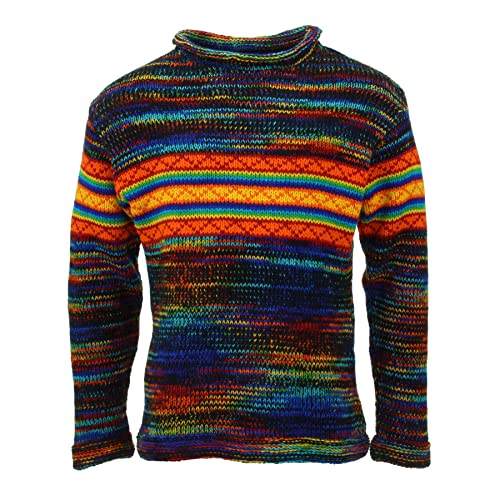 LOUDelephant Handgestrickter Wollpullover, handgefertigt in Nepal, Unisex, Größe S – XXL, Sd Black Rainbow Orange, XXL von LOUDelephant