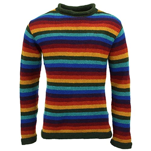 LOUDelephant Handgestrickter Wollpullover, handgefertigt in Nepal, Unisex, Größe S – XXL, Streifen Dunkler Regenbogen, XL von LOUDelephant