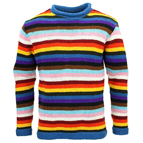 LOUDelephant Handgestrickter Wollpullover handgefertigt in Nepal Unisex Größe S - XXL, Stripe Progress Regenbogen, M von LOUDelephant