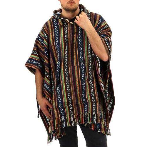 LOUDelephant Kapuzenponcho aus 100 % gewebter Gheri-Baumwolle, mexikanischer Stil, Unisex, Einheitsgröße, verschiedene Farben, Braun, Grün und Marineblau, Einheitsgröße von LOUDelephant