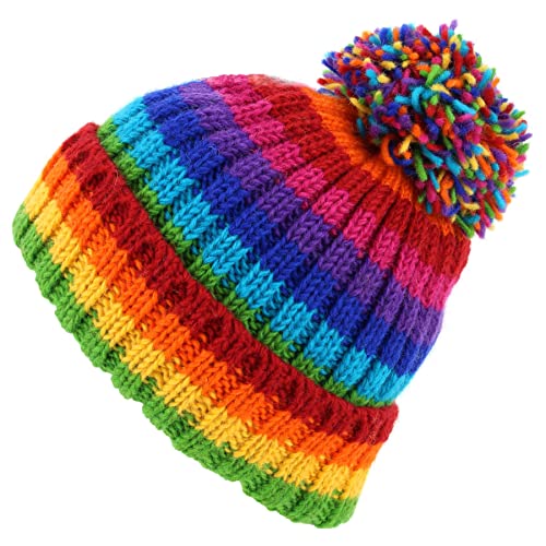 LOUDelephant Strickmütze aus grober Wolle mit Bommel, Streifen Heller Regenbogen, One size LOUDelephant Strickmütze aus grober Wolle mit Bommel, Streifen Heller Regenbogen, One size von LOUDelephant