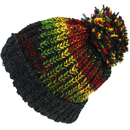LOUDelephant Wolle Gestrickte Beanie-Mütze Pudelmütze - Rasta, One Size von LOUDelephant