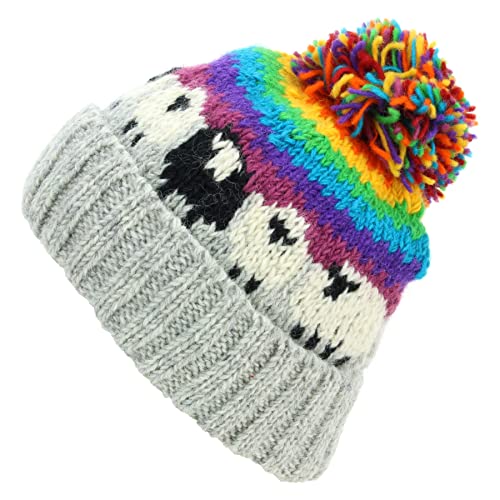 LOUDelephant Wollstrickmütze mit Bommel, Schaf-Design, Hellgrauer Regenbogenstreifen, Einheitsgröße von LOUDelephant