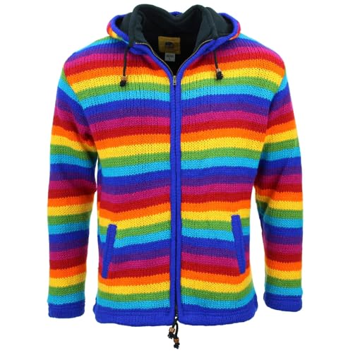 LOUDelephant Handgestrickte Woll-Kapuzenjacke, Gestreift, leuchtender Regenbogenfarben, 4XL von LOUDelephant