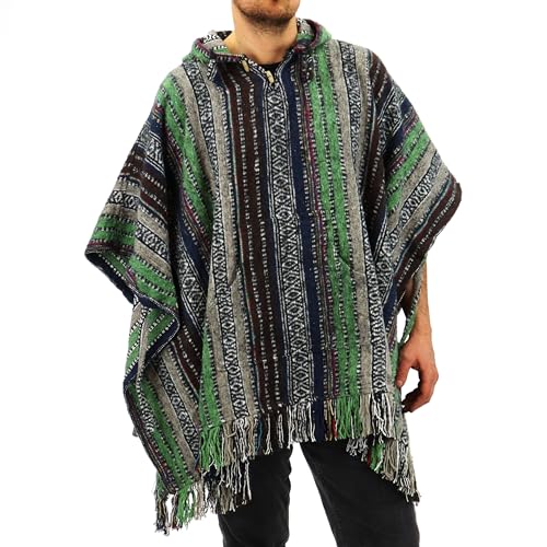 LOUDelephant Poncho mit Kapuze aus 100 % gewebter Baumwolle, mexikanischer Stil, Grün, Braun und Marineblau, Einheitsgröße von LOUDelephant