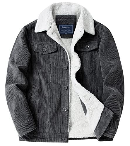 LOUECHY Herren Cordjacke Sherpa gefüttert Trucker Jacke verdickte warme Wintermäntel, GRAU, XXL von LOUECHY