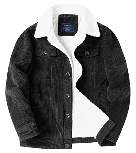 LOUECHY Herren Cordjacke Sherpa gefüttert Trucker Jacke verdickte warme Wintermäntel, Schwarz, XXL von LOUECHY