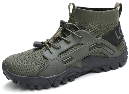 LOUECHY Herren Wanderschuhe Slip On Walking Schuhe Atmungsaktive Socken-Sneaker, Olivgrün, 41.5 EU von LOUECHY