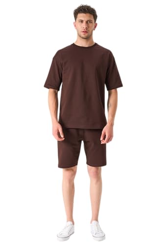LOUIS LECLER Herren Oversize T-Shirt und Shorts Set, 2-teiliges Sommer-Trainingsanzug-Set (BRAUN, L) von LOUIS LECLER