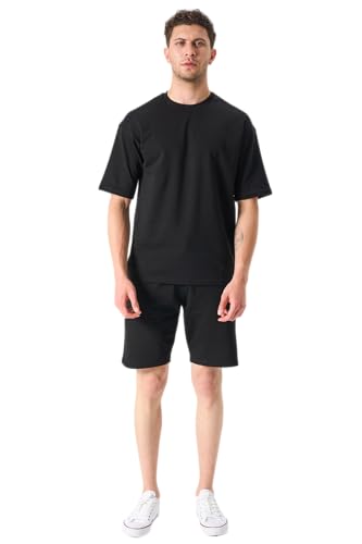 LOUIS LECLER Herren Oversize T-Shirt und Shorts Set, 2-teiliges Sommer-Trainingsanzug-Set (SCHWARZ, XXL) von LOUIS LECLER