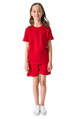 LOUIS LECLER Mädchen T-Shirt und Shorts Set, 2-teiliges Sommer-Trainingsanzug-Set (ROT, 7/8) von LOUIS LECLER