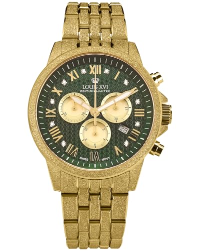 LOUIS XVI Aramis Frosted 2.0 3601 - Ø 43 mm - Herren Uhr - Wasserdicht - Armband Gold - Zifferblatt Imperial Green mit Diamanten - Schweizer Quarzwerk von LOUIS XVI