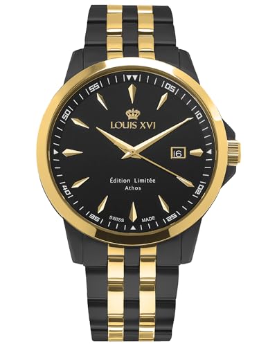 LOUIS XVI Athos Slim 930 - Ø 43 mm - Herren Uhr - Wasserdicht - Uhr mit Saphirglas - Armband Bicolor Schwarz Gold - Zifferblatt Schwarz - Schweizer Quarzwerk von LOUIS XVI