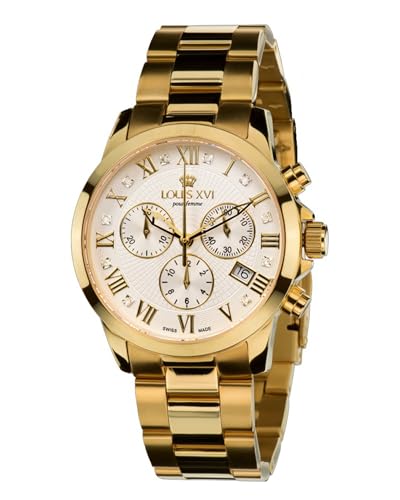 LOUIS XVI Damen-Armbanduhr Athos Pour Femme Stahlband Gold Weiss echte Diamanten Chronograph Analog Quarz Edelstahl 515 von LOUIS XVI