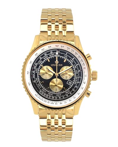 LOUIS XVI Artagnan 982 - Ø 47,5 mm - Herren Uhr - Wasserdicht - Uhr mit Saphirglas - Armband Gold - Zifferblatt Schwarz - Schweizer Quarzwerk von LOUIS XVI
