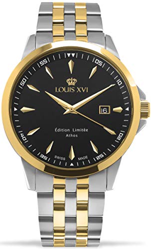 LOUIS XVI Herren-Armbanduhr Athos Slim Stahlband Bicolor Silber Gold Schwarz Analog Quarz Edelstahl 928 von LOUIS XVI