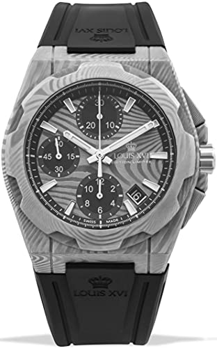 LOUIS XVI Herren-Armbanduhr La Vauguyon Damaskus Stahl Kautschukband Schwarz Super-LumiNova Chronograph Analog Automatik 1201 von LOUIS XVI