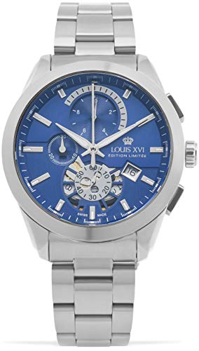 LOUIS XVI Herren-Armbanduhr Libérale Stahlband Silber Blau Chronograph Analog Quarz Edelstahl 986 von LOUIS XVI