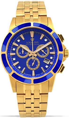 LOUIS XVI Herren-Armbanduhr Majesté Stahlband Gold Blau Keramik Chronograph Analog Quarz Edelstahl 1105 von LOUIS XVI