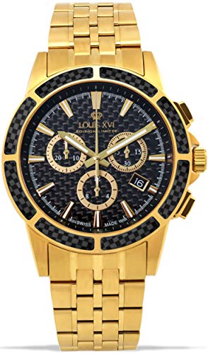 LOUIS XVI Herren-Armbanduhr Majesté Stahlband Gold Schwarz Karbon Chronograph Analog Quarz Edelstahl 1102 von LOUIS XVI