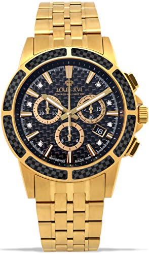 LOUIS XVI Herren-Armbanduhr Majesté Stahlband Gold Schwarz Karbon echte Diamanten Chronograph Analog Quarz Edelstahl 1103 von LOUIS XVI