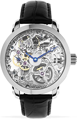 LOUIS XVI Herren-Armbanduhr Versailles Silber Handaufzug Mechanisch Skeleton Analog PU-Leder Schwarz 334 von LOUIS XVI
