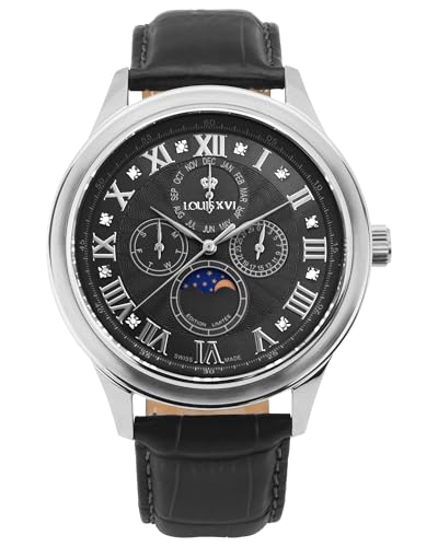 LOUIS XVI La Lune le Grand 1526 - Ø 45 mm - Herren Uhr - Wasserdicht - Uhr mit Saphirglas - Armband Schwarz - Zifferblatt Schwarz Diamanten - Mondphase - CH Quarzwerk von LOUIS XVI