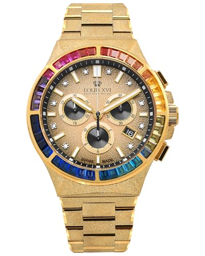 LOUIS XVI Le Monarque Frosted Iced Rainbow 1218 - Ø 42 mm - Herren Uhr - Wasserdicht - Uhr mit Saphirglas - Armband Gold - Zifferblatt Gold - CH Quarzwerk von LOUIS XVI