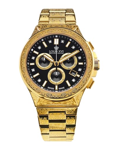 LOUIS XVI Le Monarque Royale 1215 - Ø 42 mm - Herren Uhr - Wasserdicht - Uhr mit Saphirglas - Armband Gold - Zifferblatt Schwarz - CH Quarzwerk von LOUIS XVI
