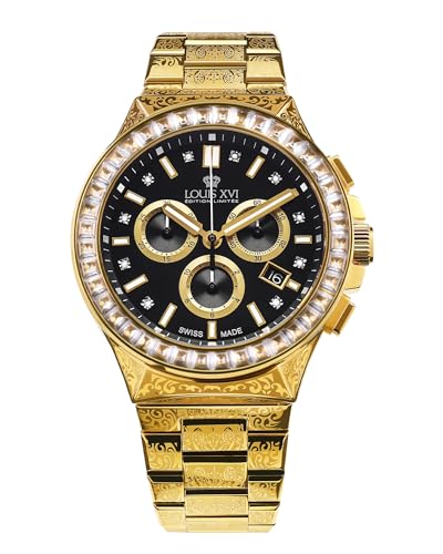 LOUIS XVI Le Monarque Royale 1216 - Ø 42 mm - Herren Uhr - Wasserdicht - Uhr mit Saphirglas - Armband Gold - Zifferblatt Schwarz - CH Quarzwerk von LOUIS XVI