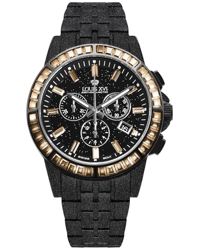 LOUIS XVI Majesté Frosted Iced Out 1183 - Ø 43 mm - Herren Uhr - Wasserdicht - Mit Saphirglas - Armband Schwarz - CZ-Diamanten Desert Gold - Schweizer Quarzwerk von LOUIS XVI