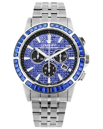 LOUIS XVI Majesté Iced Out 1133 - Ø43 mm - Herren Uhr - Wasserdicht - Mit Saphirglas - Armband Silber - Zifferblatt CZ-Diamanten Blau - Schweizer Quarzwerk von LOUIS XVI
