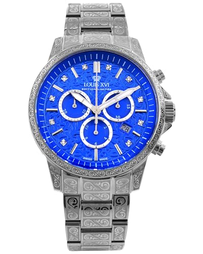 LOUIS XVI Palais Royale 2.0 1827 - Ø 43 mm - Herren Uhr - Wasserdicht - Armband Silber - Zifferblatt Ocean Blue mit Diamanten - Schweizer Quarzwerk von LOUIS XVI