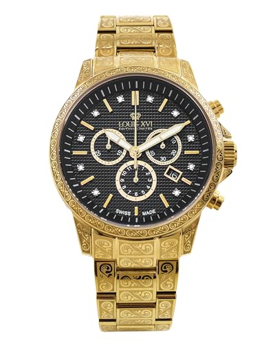 LOUIS XVI Palais Royale 1085 - Ø 43 mm - Herren Uhr - Wasserdicht - Uhr Vergoldet - Armband Gold - Zifferblatt Schwarz - Schweizer Quarzwerk von LOUIS XVI