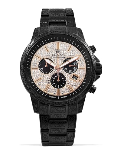 LOUIS XVI Palais Royale Iced 1089 - Ø 43 mm - Herren Uhr - Wasserdicht - Mit Saphirglas - Armband Schwarz - Zifferblatt CZ-Diamanten - CH Quarzwerk von LOUIS XVI