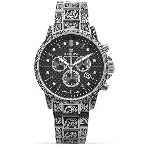 LOUIS XVI Palais Royale Inked 1721 - Ø 43 mm - Herren Uhr - Wasserdicht - Mit Saphirglas - Armband Silber - Zifferblatt Schwarz mit Diamanten - Schweizer Quarzwerk von LOUIS XVI