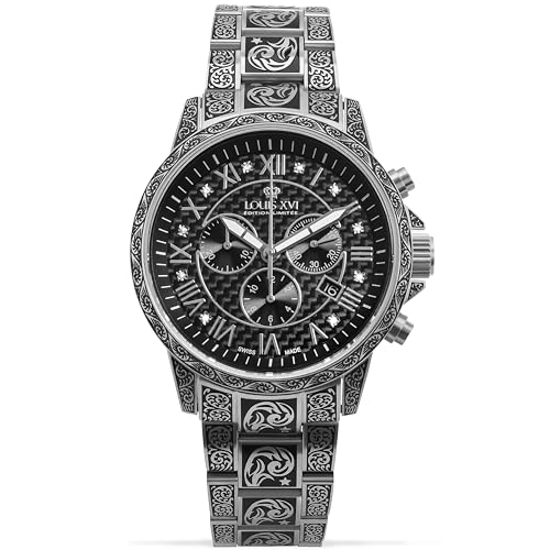 LOUIS XVI Palais Royale Inked 1722 - Ø 43 mm - Herren Uhr - Wasserdicht - Mit Saphirglas - Armband Silber - Zifferblatt Römisch Schwarz mit Diamanten - Schweizer Quarzwerk von LOUIS XVI