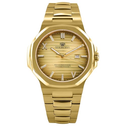 LOUIS XVI Renaissance 1600 - Ø 40 mm - Herren Uhr - Wasserdicht - Uhr mit Saphirglas - Armband Gold - Zifferblatt Gold - Schweizer Quarzwerk von LOUIS XVI