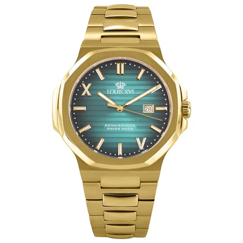 LOUIS XVI Renaissance 1601 - Ø 40 mm - Herren Uhr - Wasserdicht - Uhr mit Saphirglas - Armband Gold - Zifferblatt Türkis - Schweizer Quarzwerk von LOUIS XVI