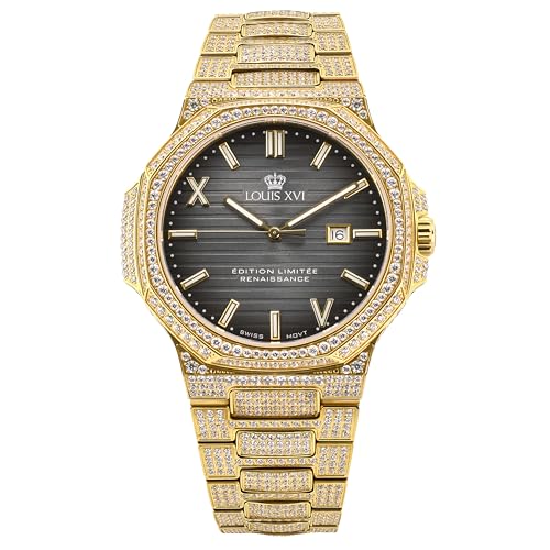 LOUIS XVI Renaissance 1602 - Ø 40 mm - Herren Uhr - Wasserdicht - Mit Saphirglas - Armband Gold - Iced Out CZ-Diamanten -Zifferblatt Grau - CH Quarzwerk von LOUIS XVI