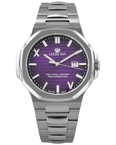 LOUIS XVI Renaissance 1626 - Ø 40 mm - Herren Uhr - Wasserdicht - Uhr mit Saphirglas - Armband Silber - Zifferblatt Violett - Schweizer Quarzwerk von LOUIS XVI