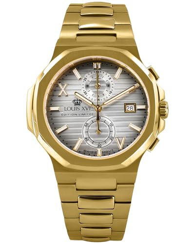 LOUIS XVI Renaissance Chrono 1650 - Ø 40 mm - Herren Uhr - Wasserdicht - Uhr mit Saphirglas - Armband Gold - Zifferblatt Silber - Schweizer Quarzwerk von LOUIS XVI
