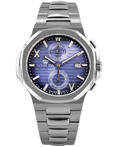 LOUIS XVI Renaissance Chrono 1671 - Ø 40 mm - Herren Uhr - Wasserdicht - Uhr mit Saphirglas - Armband Silber - Zifferblatt Purple Blau - Schweizer Quarzwerk von LOUIS XVI