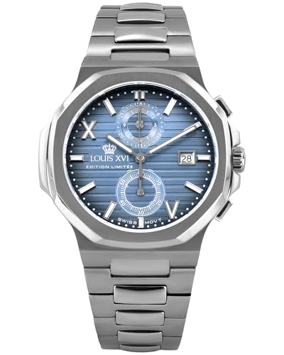 LOUIS XVI Renaissance Chrono 1672 - Ø 40 mm - Herren Uhr - Wasserdicht - Uhr mit Saphirglas - Armband Silber - Zifferblatt Jeans Blau - Schweizer Quarzwerk von LOUIS XVI
